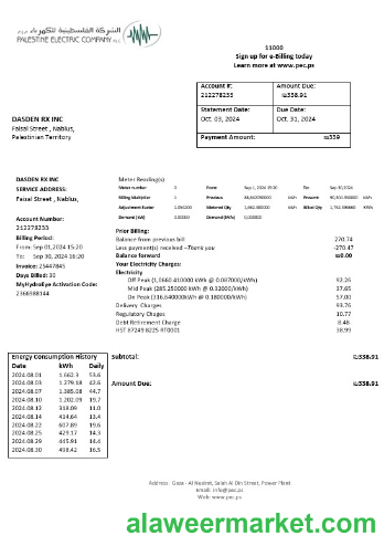 Palestine Electric Company (PEC) business utility bill template in Word and PDF formats